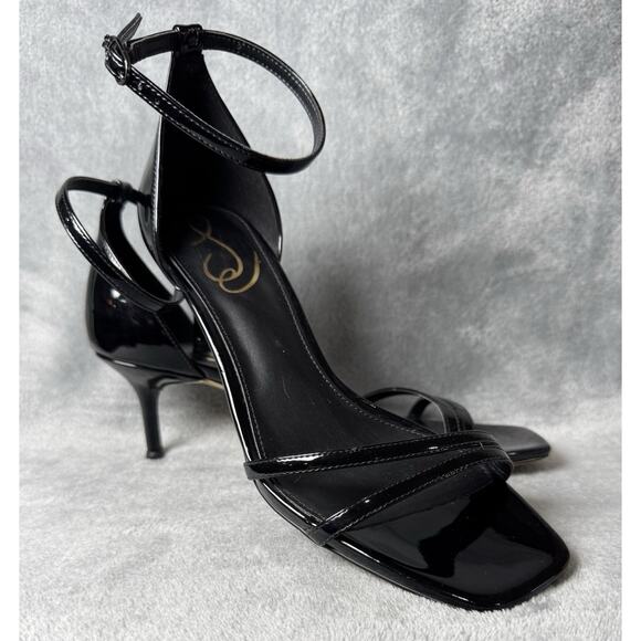 Sam Edelman Women’s 7.5 Black Patent Strappy Ankle Strap Heels Square Toe - Picture 1 of 11